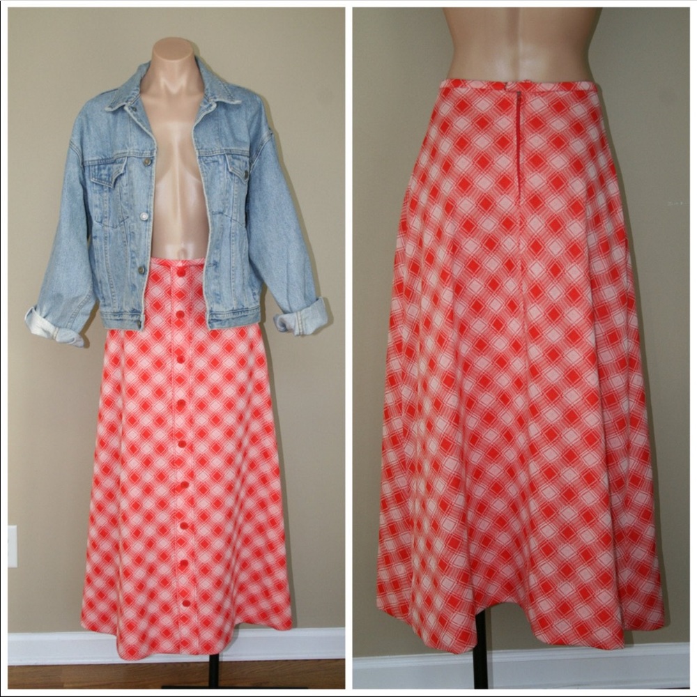 Vintage 70s Check Plaid Skirt A-Line Maxi Skirt XS - Picture 4 of 5